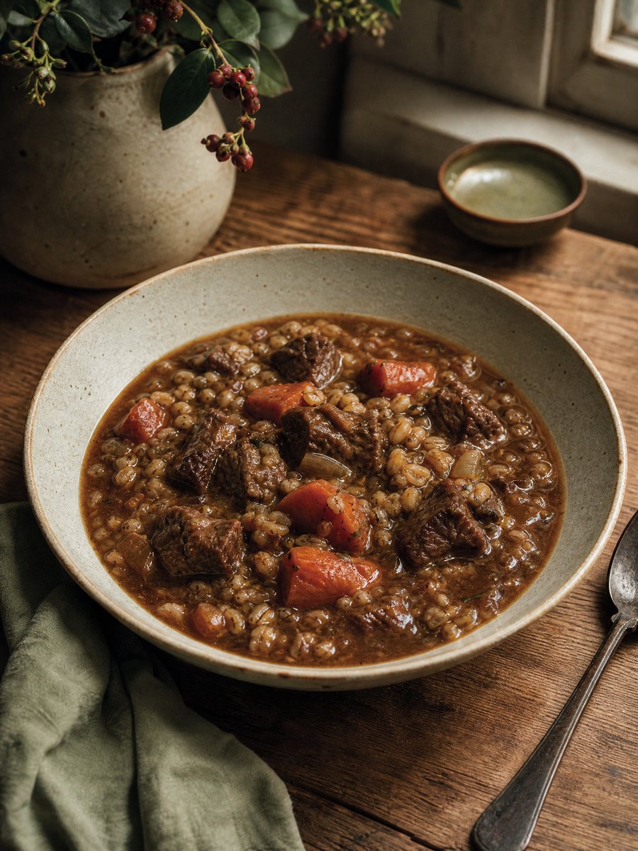 A wide, shallow ceramic bowl filled with dark beef stew, showing chunks of beef, carrots, and swollen pearl barley in a rich brown broth, resting on a wooden table.