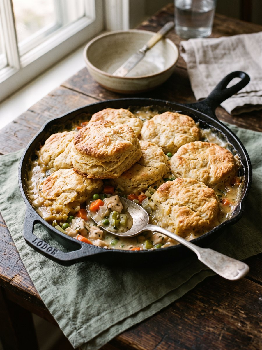 A cast iron skillet filled with creamy chicken and vegetable stew, topped with golden brown drop biscuits, resting on a wooden board.